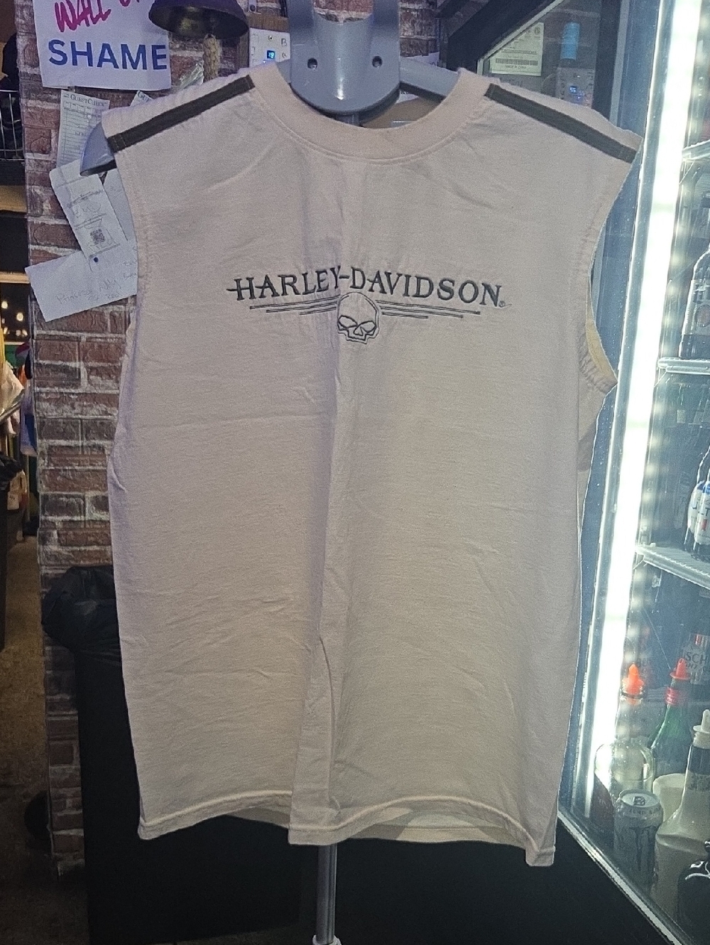 Harley-Davidson Beige Sleeveless Tank with Dark Trim & Skull Logo